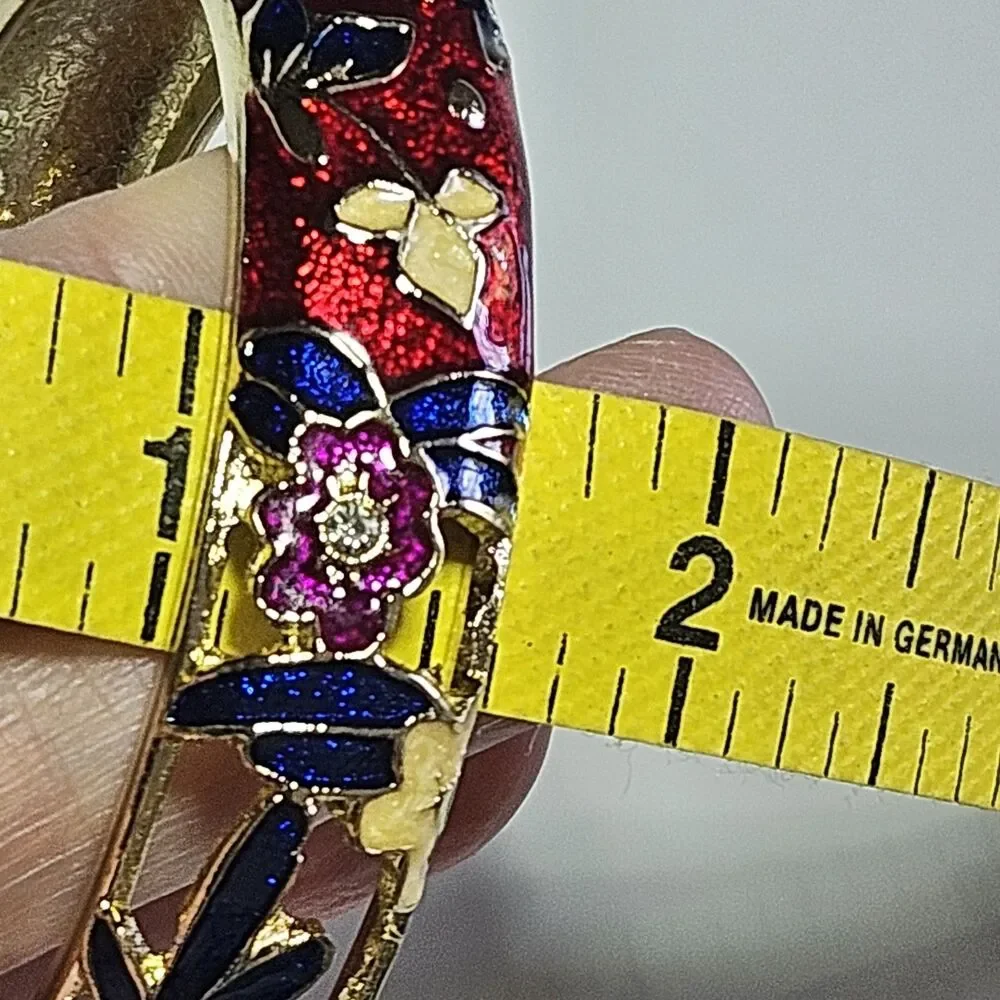 *Sale* Jiu Long Xing Gold Tone Red Blue Cloisonne Flower Hinged Bracelet 7.5" - Picture 6 of 14